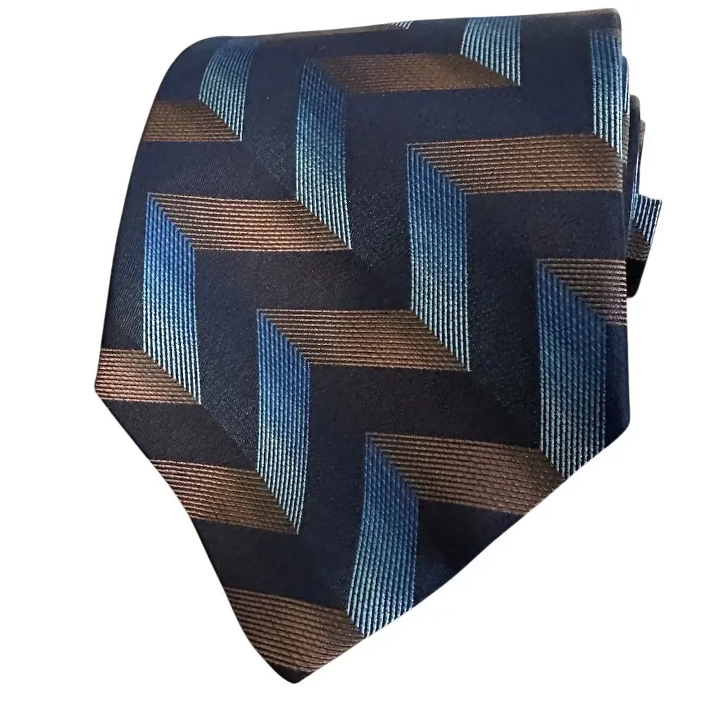 Bugatti Men's Silk Tie‎ Blue Brown Chevron Geometric Pattern USA